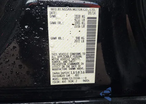 2015 Nissan Altima 2.5 Sl z USA, uszkodzony, nr VIN 1N4AL3AP1FC165836